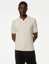 Marks & Spencer Mens Cotton Short sleeved Knitted Collar Polo Top in Ecru - M&S