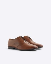 River Island Mens Brogue Shoes Brown Wide Fit Leather Round Toe Lace Up