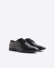 River Island Mens Oxford Brogue Shoes Black Leather Wide Fit Round Toe Lace Up