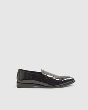 River Island Mens Loafers Black Patent Saddle Slip On Round Toe Flat Sole Shoes