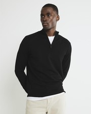 River Island Mens Jumper Black Slim Fit Half Zip Funnel Pullover Sweater Top