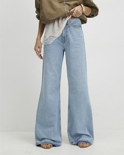 River Island Womens Wide Leg Jeans Blue Clean Waist Turn Down Hem Trousers Pants