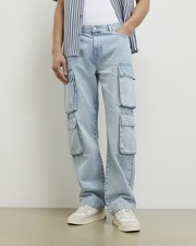River Island Mens Cargo Jeans Blue Loose Fit Denim Trousers Pants Bottoms