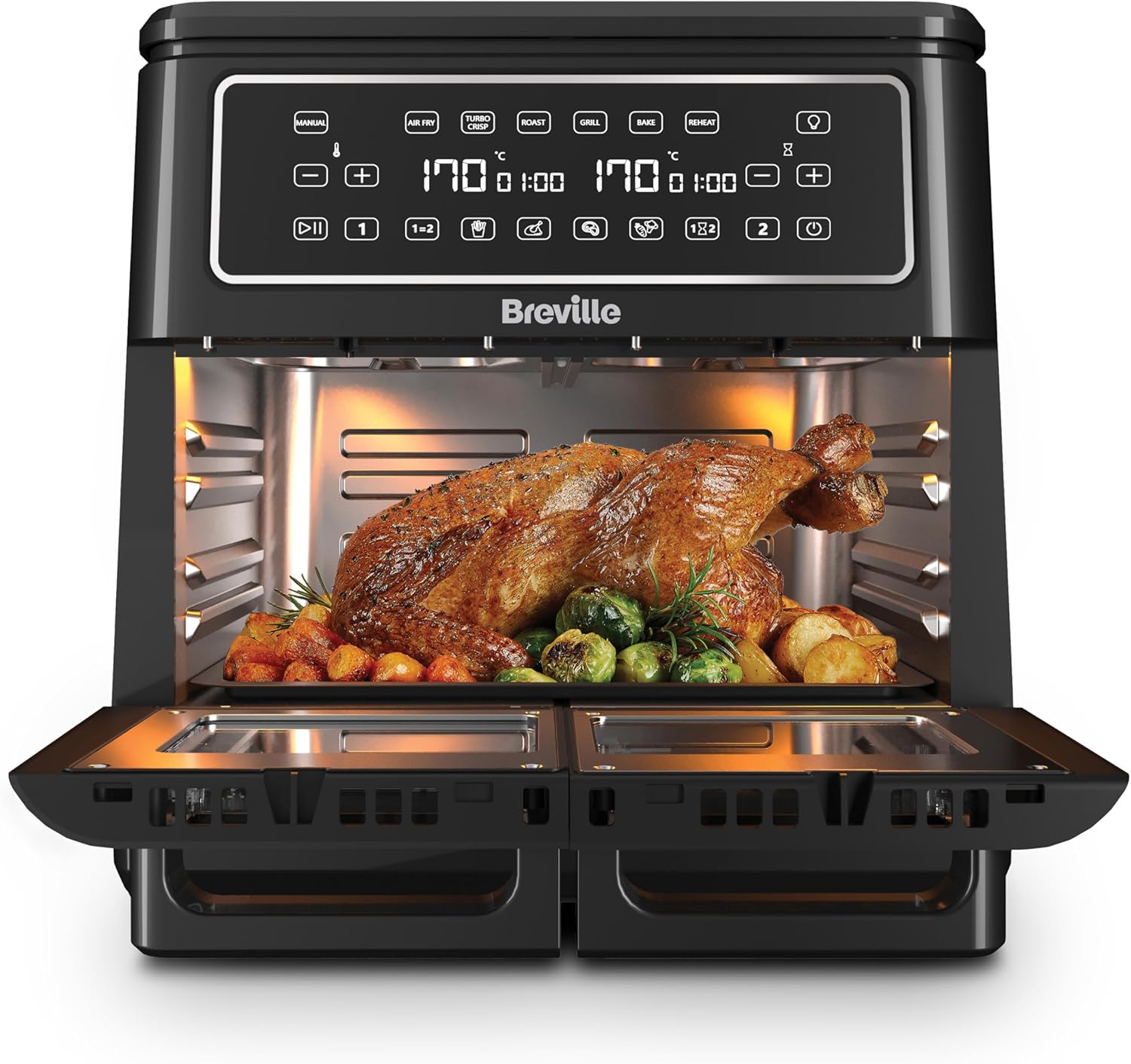 Breville Halo Flexi Air Fryer | Digital Dual Air Fryer Oven | 11L: Serves 10+ People | FryBakeGrillRoast & Reheat | 2400 W | Save £65 a Year on Energy Bills* | Black [VDF130]