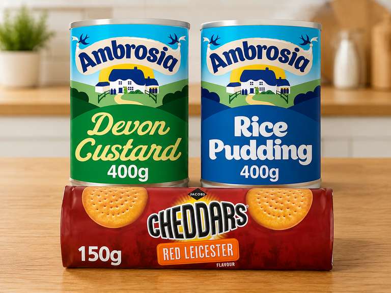 10 for £10 Mix & Match - Ambrosia Custard / Rice Pudding / Jacobs Cheddars - S&S £7.09