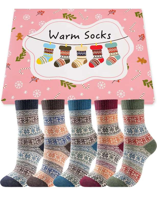 5 Pairs Various Women's Thermal Winter Wool Socks Breathable Cozy Thick Warm Knit Ladies Colourful Bed Socks - Sold by Stoeury / FBA