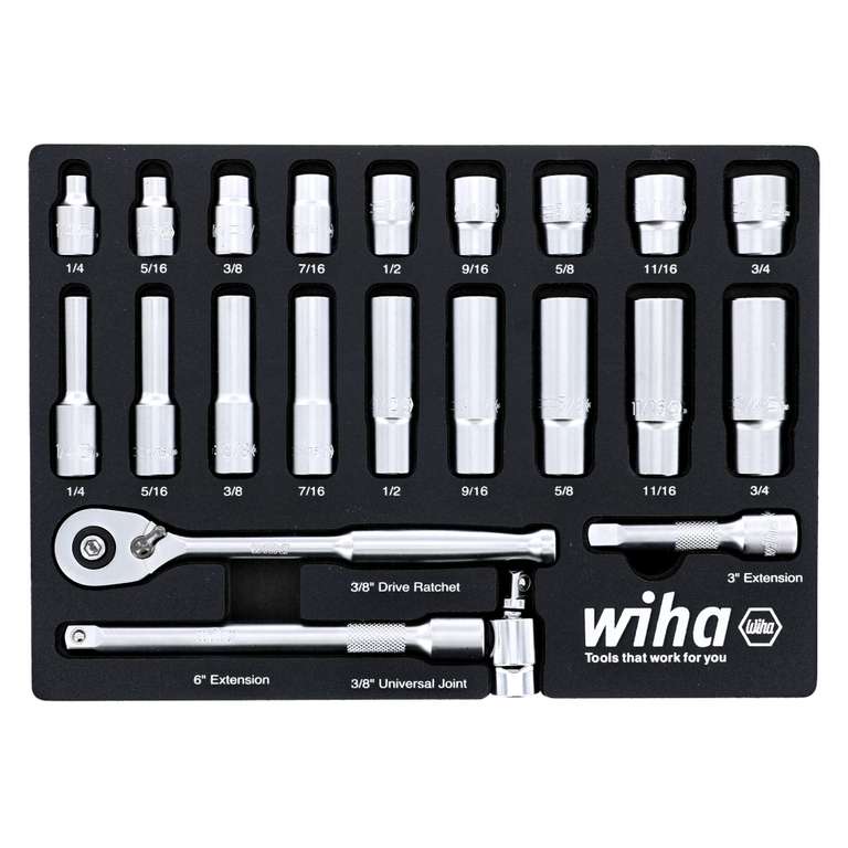 22 Piece 3/8” Drive Standard and Deep Socket Tray Set