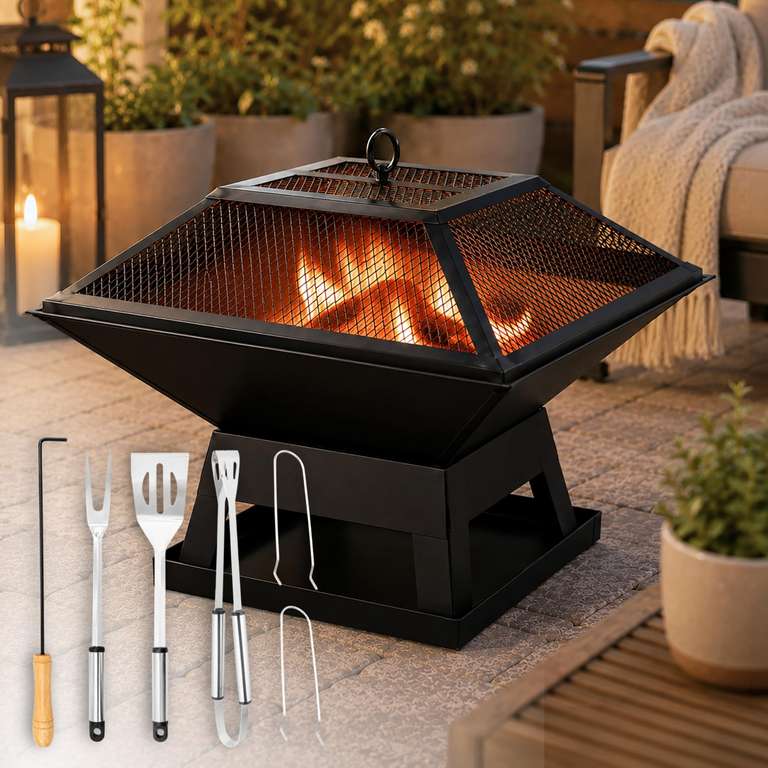 2-in-1 Square Fire Pit BBQ Grill 45cm Outdoor Wood Burner with Accessories | 2-in-1 fire pit & BBQ Grill - Sold & Shipped by Garden_Mile