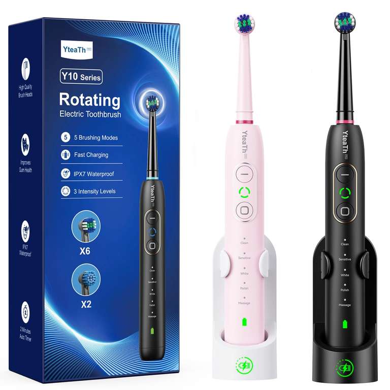2 Pack Rotating Electric Toothbrush with 10 Brush Heads, 3 Intensities 5 Modes, Wireless Wall Charging Station