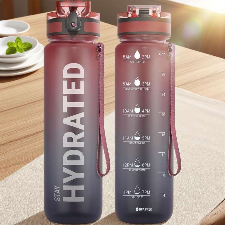 32oz Motivational Water Bottle with Time Markers, Leakproof Design, Wide Mouth & Cleaning Brush Sold By Haul Global