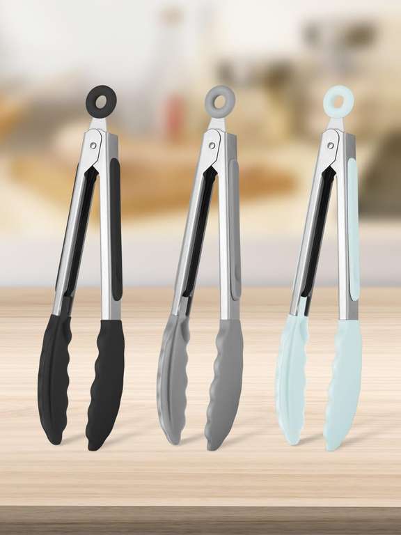 3-Pack Mini Silicone Kitchen Tongs - 7-Inch (Black, Grey, Blue) - Discount at Checkout - Sold by Amazon Haul - £15 Spend for Free Delivery