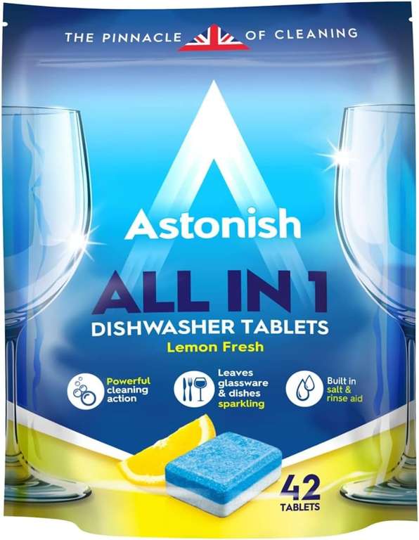 3 x Astonish All-in-1 Dishwasher Tablets with Salt and Rinse, Pack of 42 (126 in total), Lemon Fresh - 3 for 2 offer