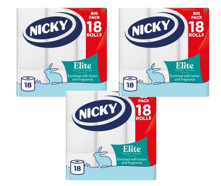 3 x Nicky Elite Scented Toilet Tissue - 18 Rolls, 3-ply, Talc Scent (54 rolls in total) - 3 for 2 Offer