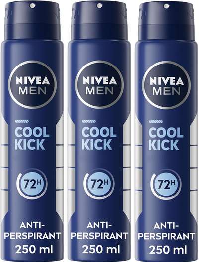 3 x NIVEA MEN Cool Kick Spray Anti-Perspirant (250ml), Deodorant Spray for 72H Protection, Men's Sweat Block Aerosol with Cool-Care Formula