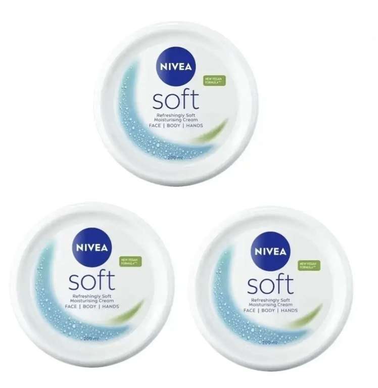 3 x NIVEA Soft Moisturising Cream 200ml, 48H Face Moisturiser, Body and Hands Day Cream ( £5.07 - £6.48 with s&s)