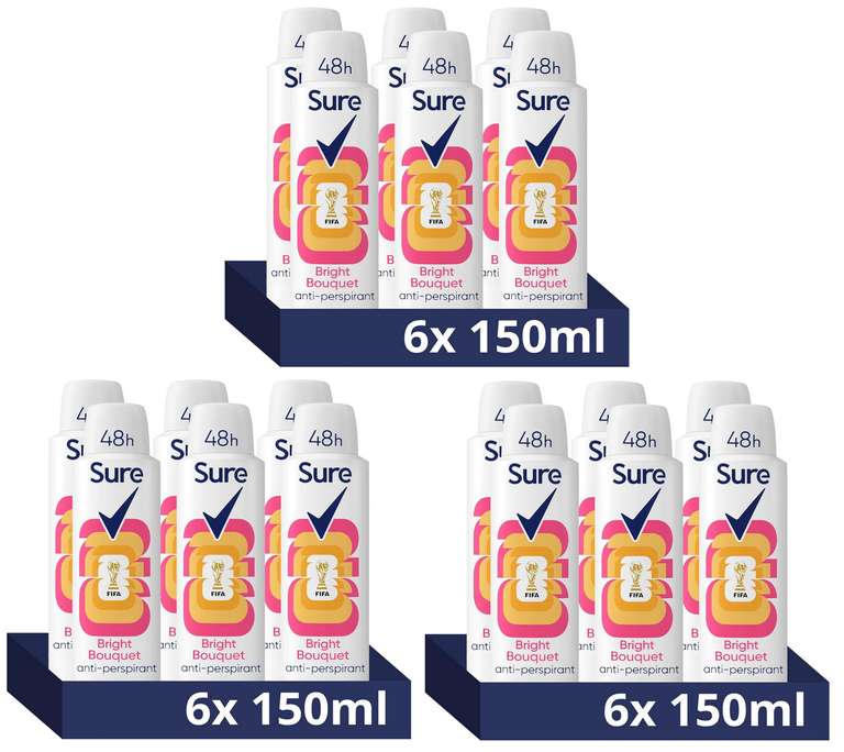 3 x Sure Women Bright Bouquet Deodorant Body Spray Antiperspirant 48hr Sweat & Odour Protection 6 x 150ml (£13.85 on S&S)