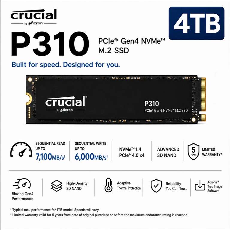 4TB Crucial P310 SSD M.2 2280 NVMe PCIe Gen4, Up to 7100MB/s Opened – never used with code at PC-Lape (UK mainland)