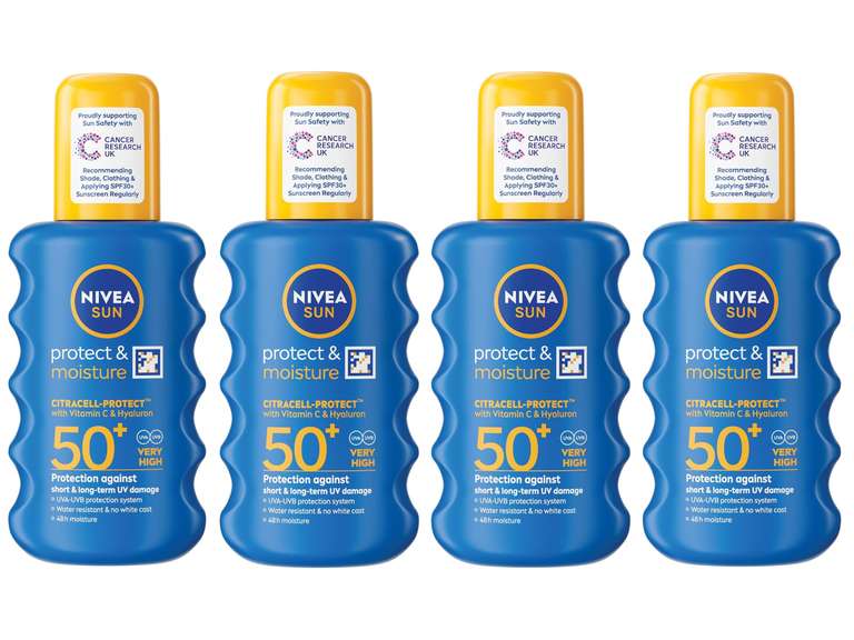 4 x NIVEA SUN Protect & Moisture Sun Spray Lotion SPF 50+ 200ml (£15.03 on S&S) - 4 For 3 - SPF 30 £19.18, SPF 20/15 £19.29