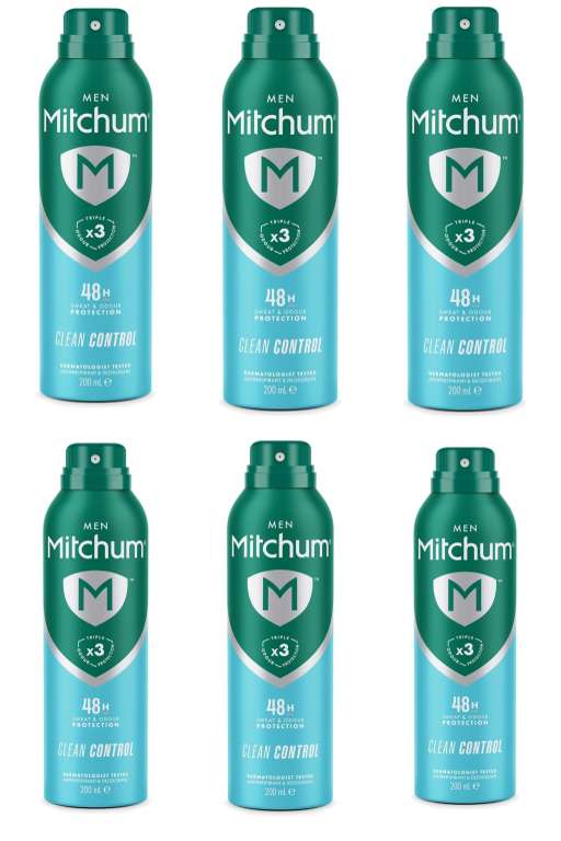 6 x Mitchum Men Clean Control Triple Odor Defense 48HR Protection Deodorant Spray & Antiperspirant 200ml (£8.26 / £7.44 with S&S)