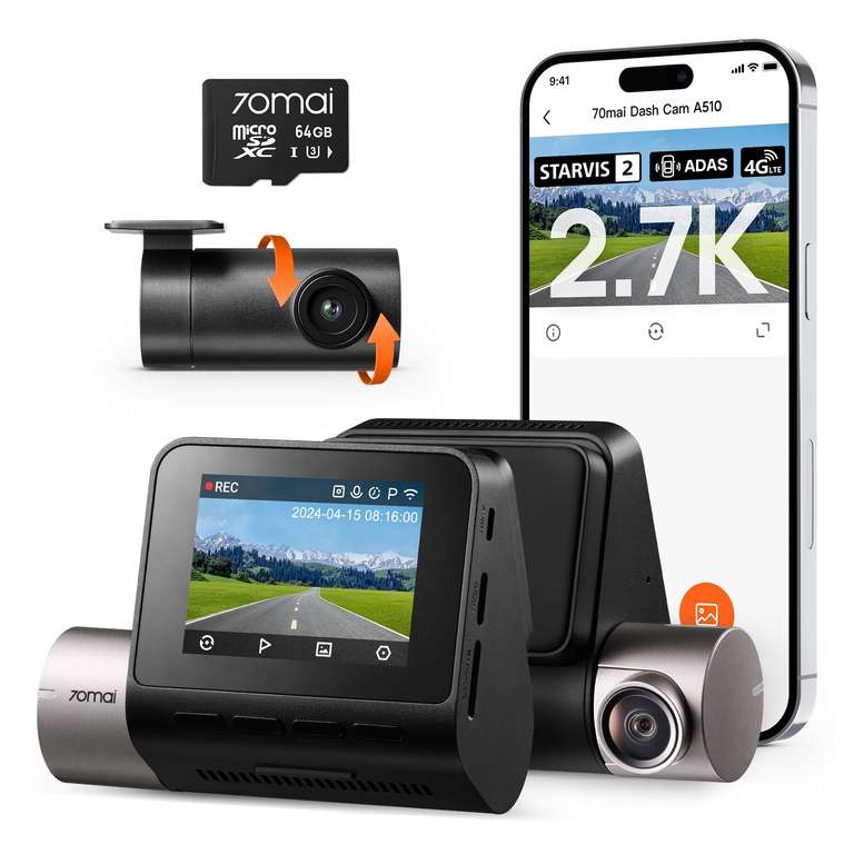 70mai 2.7K Dash Cam Front and Rear A510, 1944P+1080P Ultra Full HD Dual Car Camera with STARVIS 2