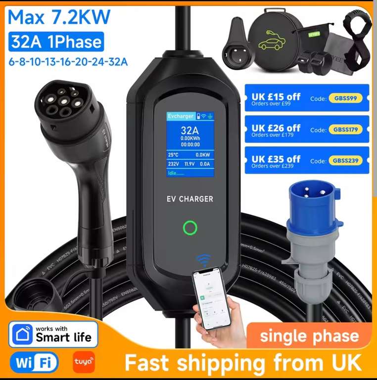 7.2KW 32A Portable Electric Car Charger Type2 IEC62196-2 Charging Cable EVSE with WiFi APP Control With Code - AFYEEV Europe Store