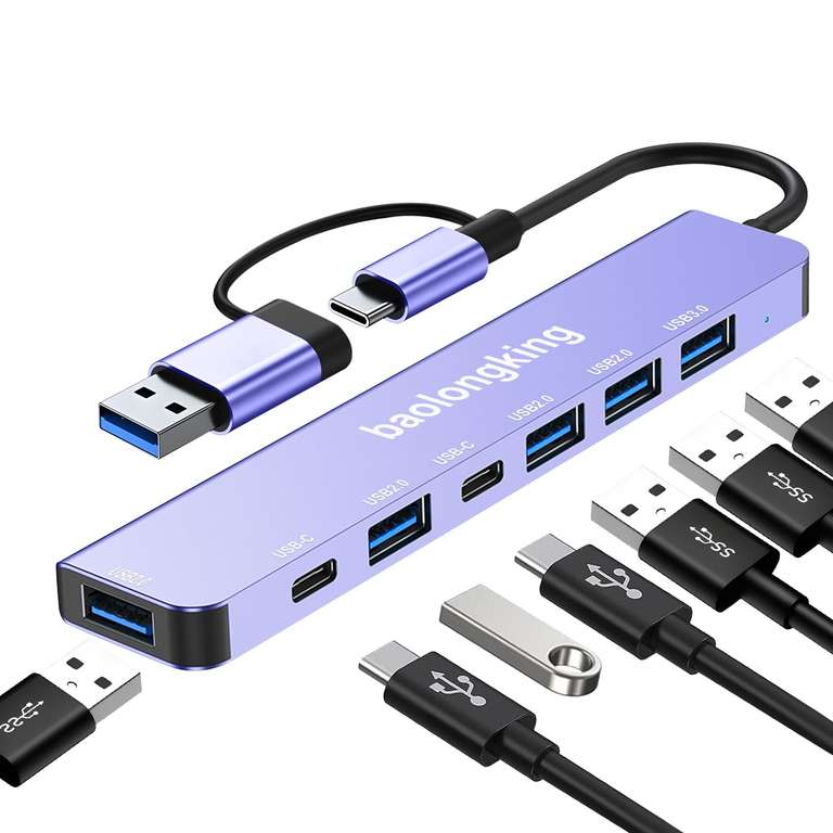 baolongking 7 in-1 HUB Adapter, USB C Hub with 2 USB-C Data Ports, USB3.0 & 4USB2.0, Multiport Adapter (Purple, Gold) - by baolongking / FBA