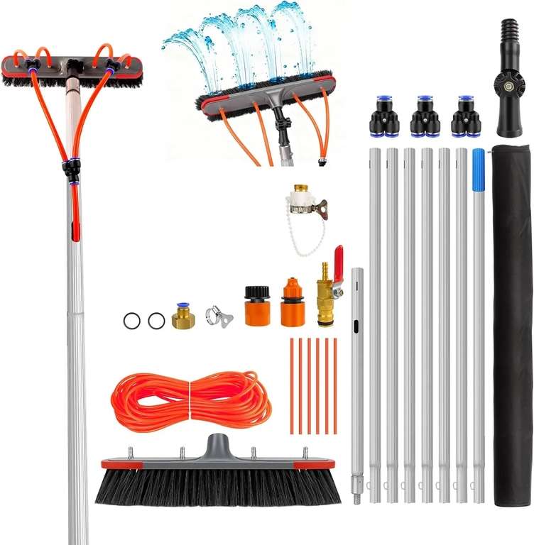7m/23FT Aluminium Telescopic Window Cleaning Brush with Water Hose Attachment w/code+cashback@Zhitaozhang Tool Store(UK Stock)