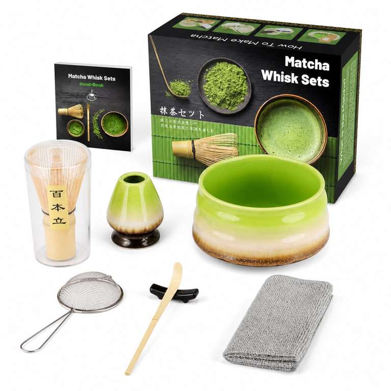 7 Pcs Matcha Whisk Set, Matcha Whisk Set with Ceramic Bowl & Whisk