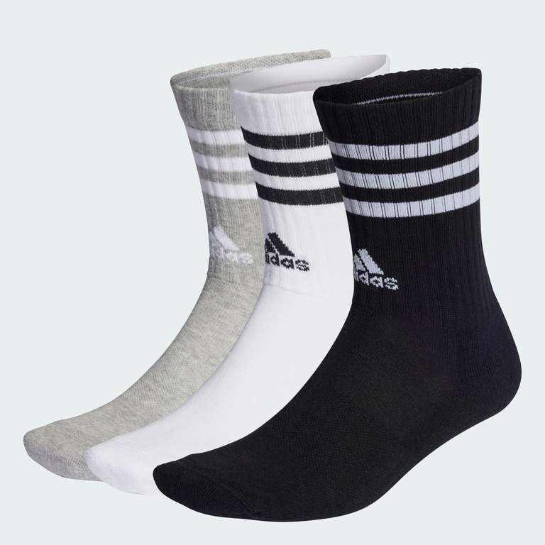 adidas 3-Stripes Cushioned Crew Socks 3 Pairs, Colours: Medium Grey Heather / White / Black / White. Size: 6.5-8
