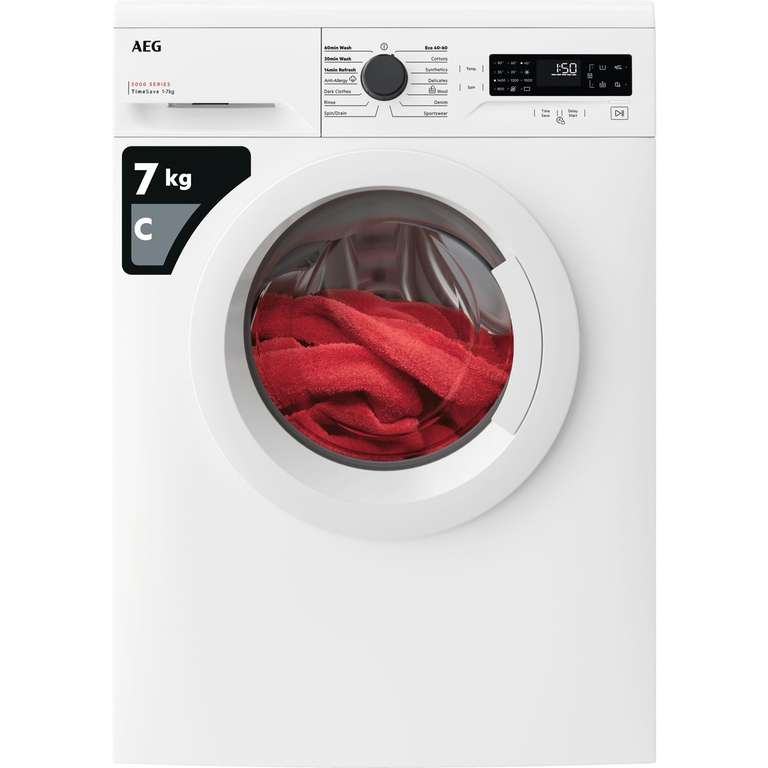 AEG 5000 Series Washing Machine 7kg LFX50744B, 1400 rpm Silent Spin, TimeSave to Adjust Washing Cycles, AntiAllergy, 847x597x568mm