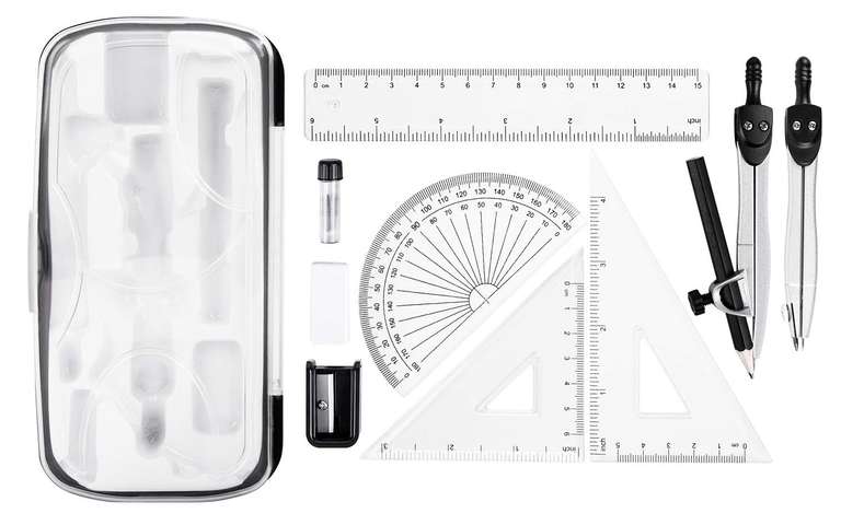 Amazon Basics 10-Piece Maths Kit - Includes Compasses, Lead, Rubber, Sharpener, Protractor, Triangles, Ruler and Carrying Box