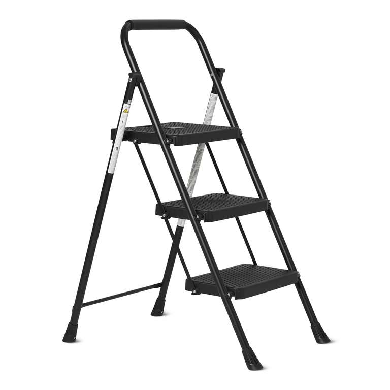 Amazon Basics 3-Step Folding Ladder, Fully Assembled Steel Structure with Anti-Slip Feet, Maximum Load Capacity 150kg, Black