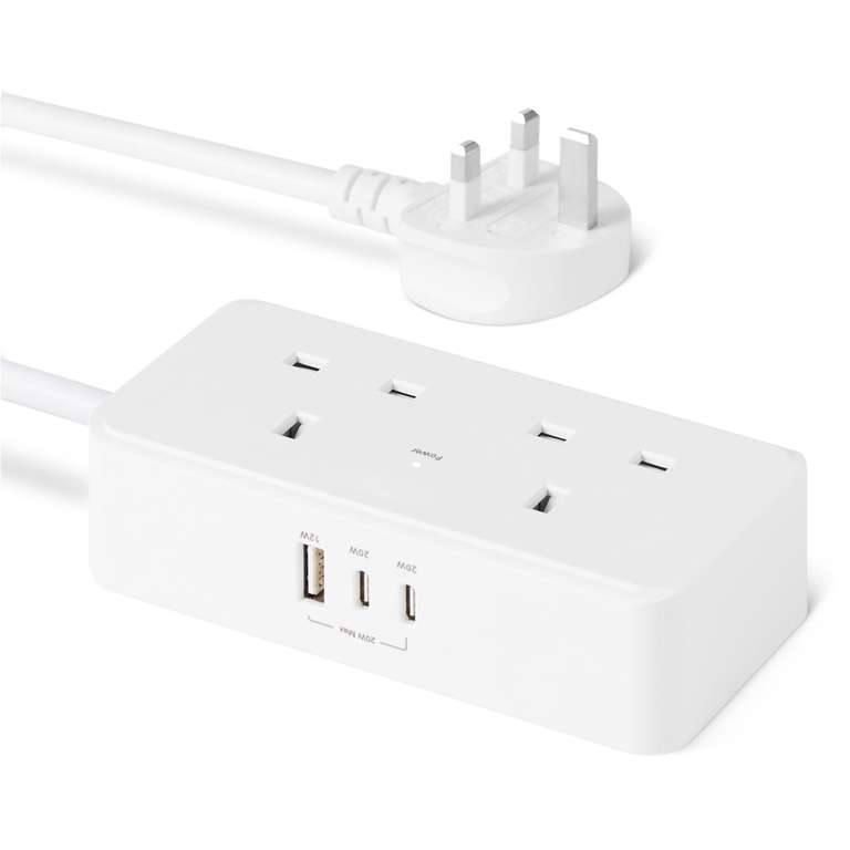 Amazon Basics Power Strip With 2 AC Outlets, 20W USB-C Fast Charging, 2 USB-C Ports, 1 USB-A Port, 5ft Extension Cord - TUV Listed