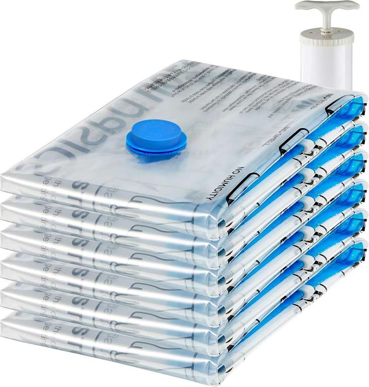 Amazon Basics Vacuum Compression Zipper Storage Bags with Airtight Valve and Hand Pump, Jumbo, 6-Pack, Clear