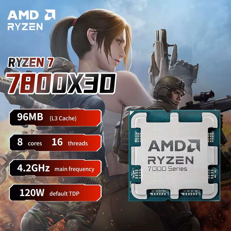 AMD Ryzen 7 7800X3D 4.2GHz L3=96M Processor 120W 8-Core 16-Thread R7 7800X3D, DDR5 - No Fan w/code - Sold by UK Tech Authorized Store Store
