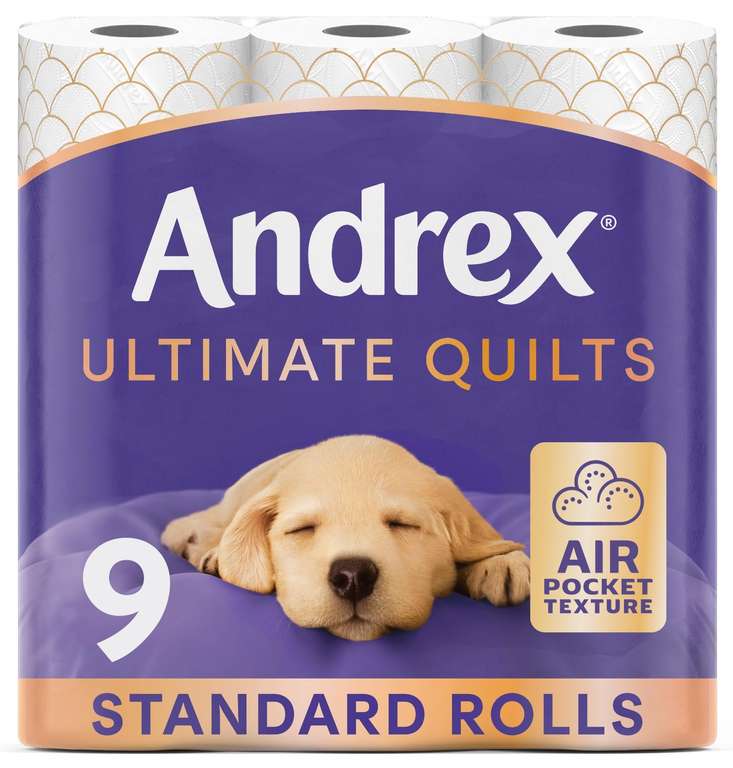 Andrex Ultimate Quilt Toilet Roll - 9 Toilet Rolls, 3-Ply, Soft, Thick Sheets, FSC Certified