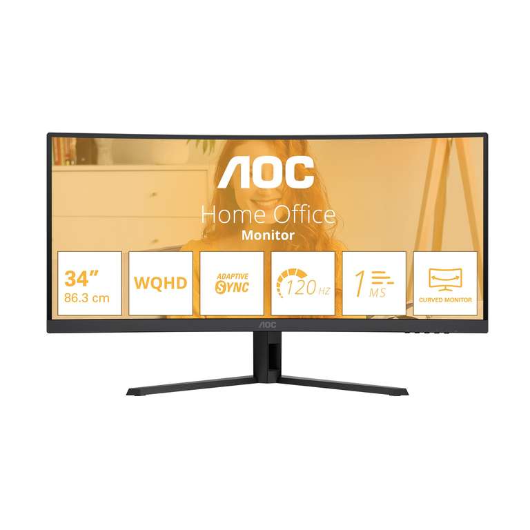 AOC CU34B3E - 34" QHD (3440x1440), VA Panel, 120Hz, 1ms, Built-in-Speakers, Adaptive Sync, HDMI & DP, 1500R Curve Ultrawide Monitor
