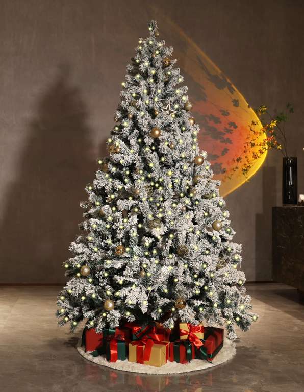 Asinse 6ft Pre-Lit Snow Flocked Christmas Tree with 350 Chasing Warm LED Lights