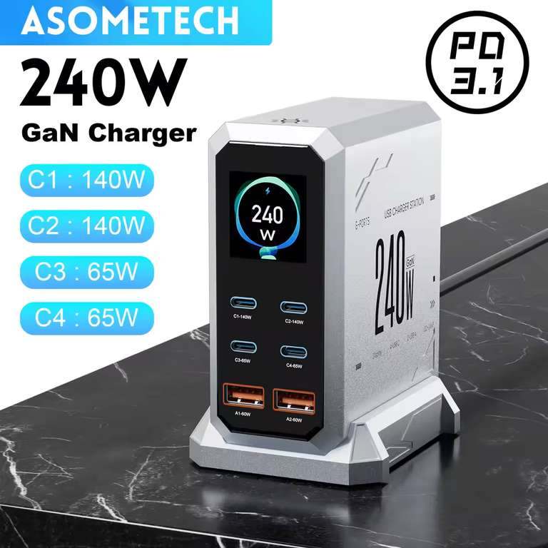 Asomotech 240W GaN Charger PD3.1 140W USB Type C 6 Ports PPS PD (UK Plug) - Sold By ASOMETECH Official Store
