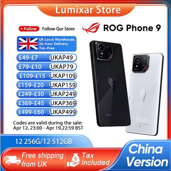 ASUS ROG Phone 9 Gaming Smartphone ( Snapdragon 8 Elite Gen4 / 6.78" 185Hz AMOLED / 12GB / 256GB ) w/code@Lumixar Store(UK Despatch)