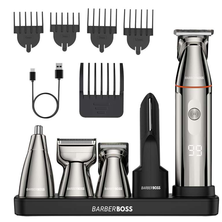 BarberBoss 5-in-1 Grooming Kit for Men, Beard Trimmer Men, Waterproof Hair Clippers with Nose Trimmer