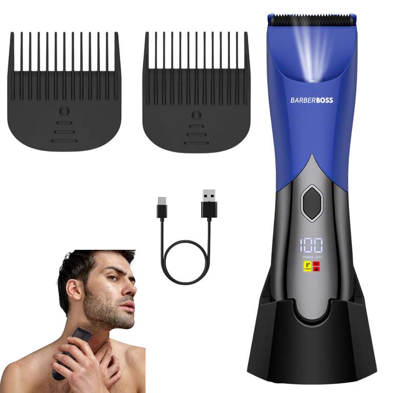 BarberBoss Men’s Groin & Body Hair Trimmer, Waterproof, LED Display & Charging Dock