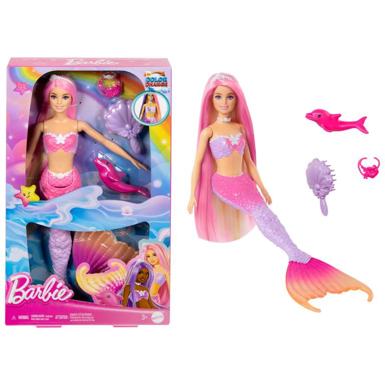 Barbie Mermaid Doll, “Malibu” with Pink Hair, Styling Accessories, Pet Dolphin and Water-Activated Color Change Feature