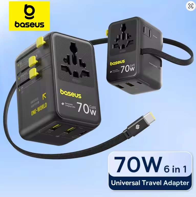 Baseus GaN Charger Universal Travel Adapter Built in 70W 2AC 2 USB-A Type-C EU/UK/USA/AUS (with 2 codes, stacked) BASEUS Official Store