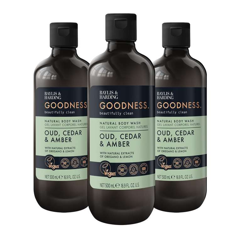 Baylis & Harding Goodness Oud, Cedar and Amber Body Wash, 500 ml - Pack of 3 (£7.95 s&s)