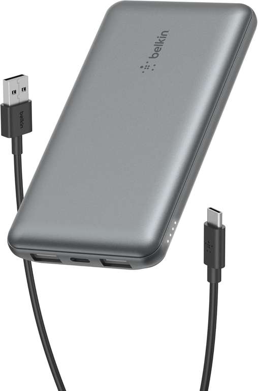 Belkin 10000mAh portable power bank, 10K USB-C portable charger with 1 USB-C ports/2 USB-A ports + USB-A to USB-C Cable - Space Grey - Prime