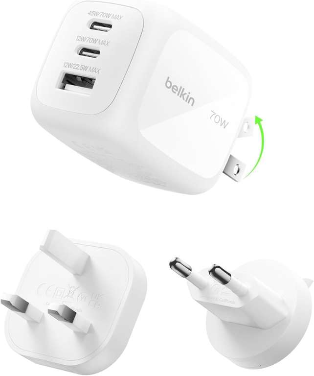 Belkin 3-Port USB-C Plug 70W, Multi-Port GaN Wall Charger with 2x USB-C & 1x USB A Ports ( 70W single port charging and PD 3.1)