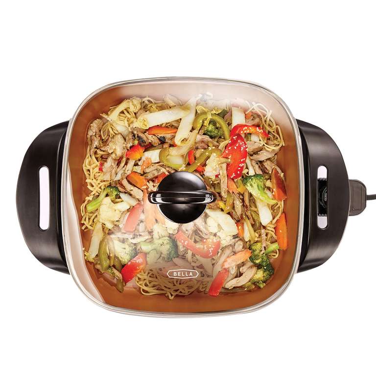 BELLA Electric Skillet and Frying Pan with Glass Lid, Nonstick Coating, Cool Touch Handles, Removable Probe, Dishwasher Safe, Copper