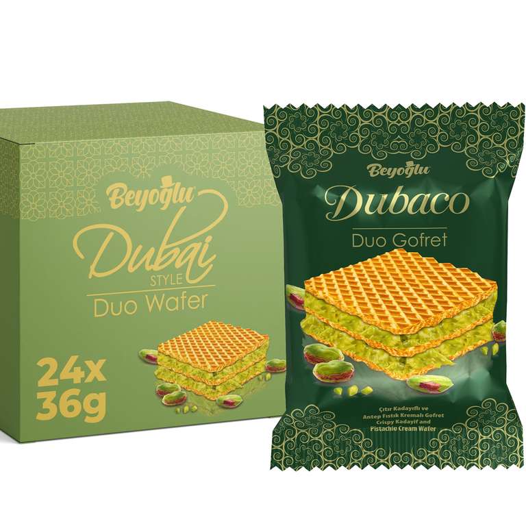 Beyoğlu Dubaco Dubai Chocolate Pistachio Wafer Bars, 24 x 36g
