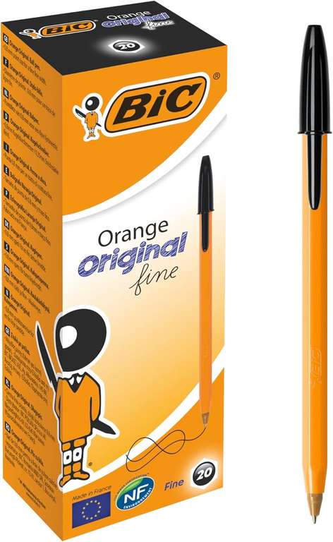 Bic Orange Fine Ballpoint Pens, Fine Point (0.8 mm), Blank Ink, Box of 20 - Writing Pens with Long-Lasting Ink, Black